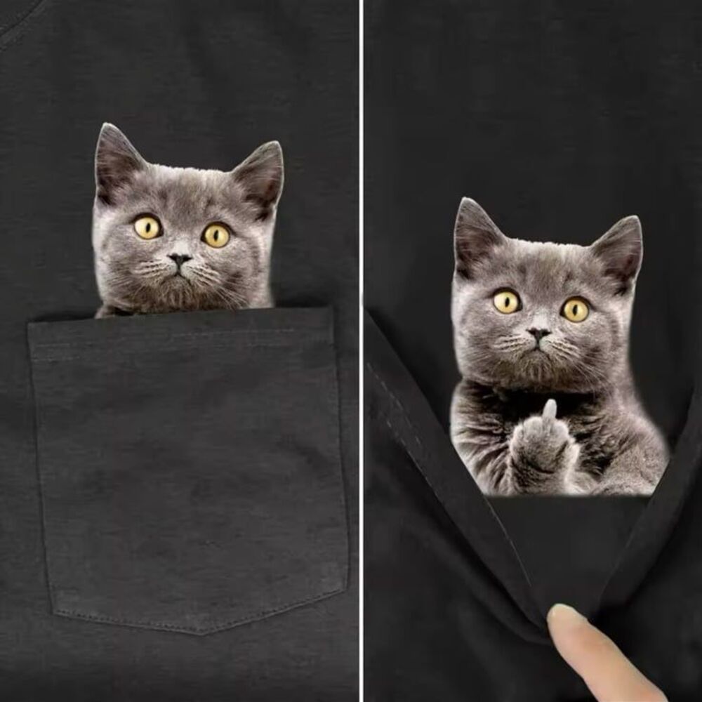 Animal T-Shirt Fashion Brand Summer Pocket Cat Stickers Printed T-shirts S-5XL